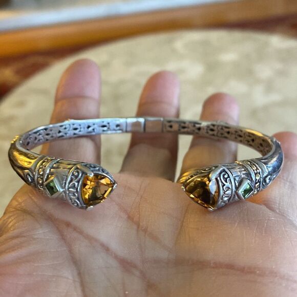 Vintage 18K & 925 Sterling Silver Citrine & Peridot Unisex Cuff Bracelet - Picture 1 of 11